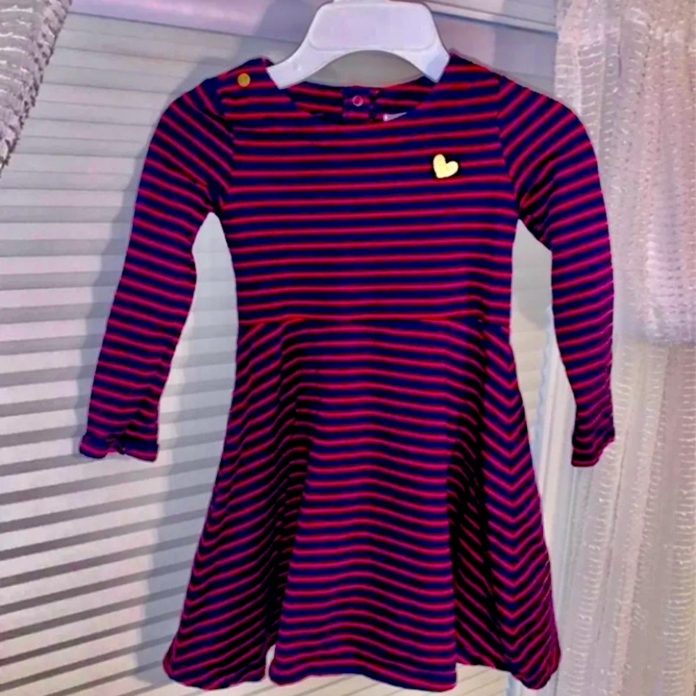 OshKosh long-sleeve striped red navy blue dress gold embroidered heart g…